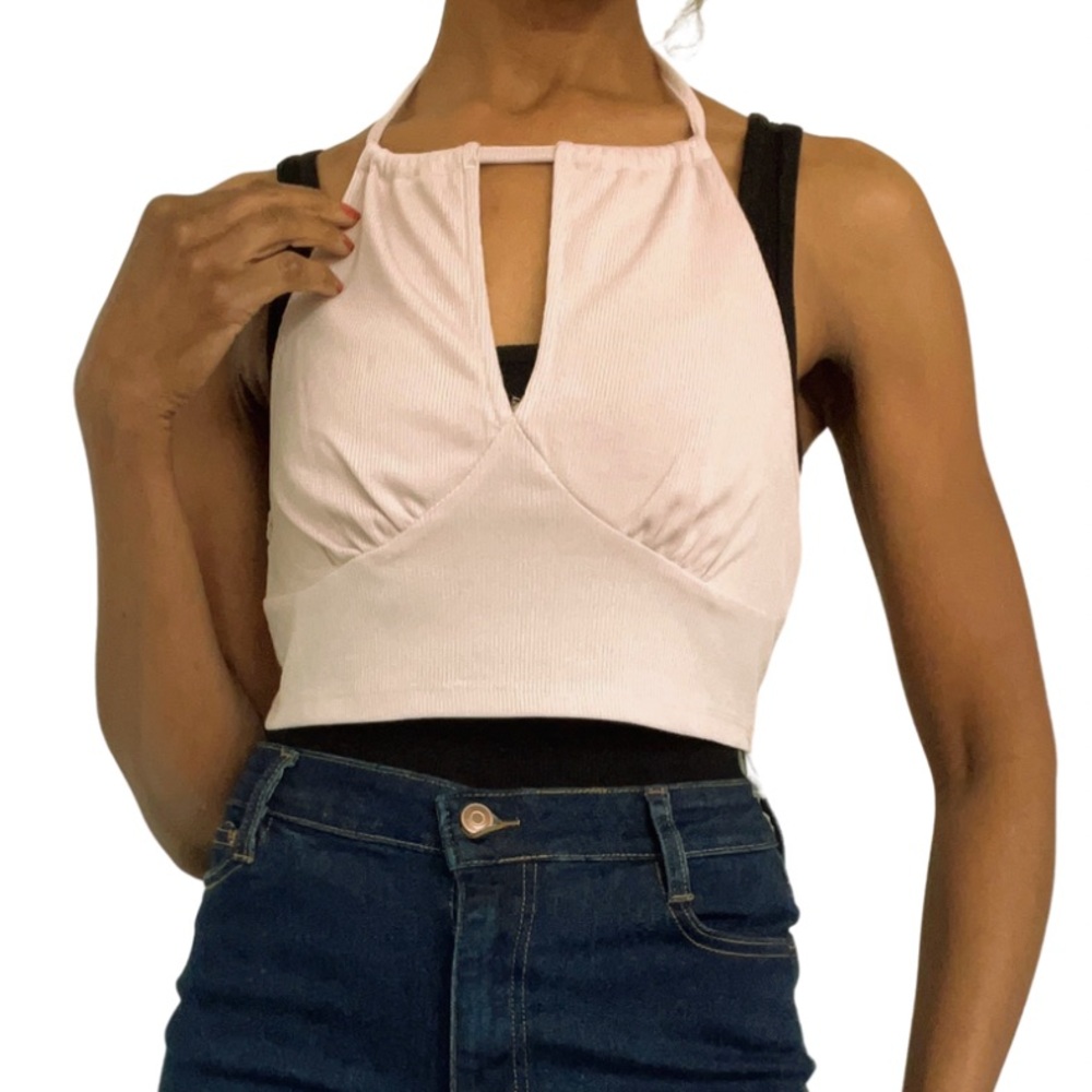 COTTON•ON|| NECK TIE HALTER STYLE CROP TOP|| TAN|| SIZE: LARGE
